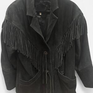 VERY VINTAGE Black suede leather fringe jacket